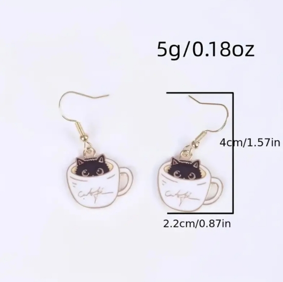 Black Cat in Coffee Cup Earrings - Picture 3 of 4